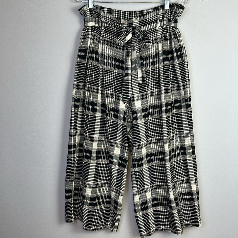 Anthropologie Luca Wide Leg Pant Sz 14 High Waist Pockets Cropped Plaid Textured - Picture 2 of 16